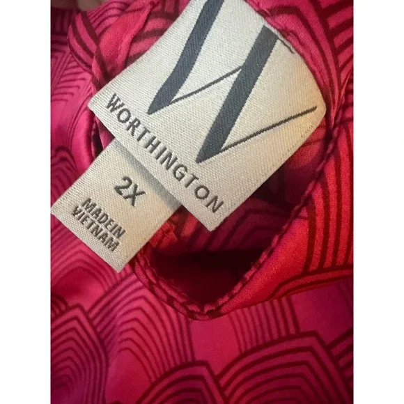 Worthington Pink Art Deco Geometric Bow Tie Blouse Mock Neck Satin Top 2X - Picture 7 of 9